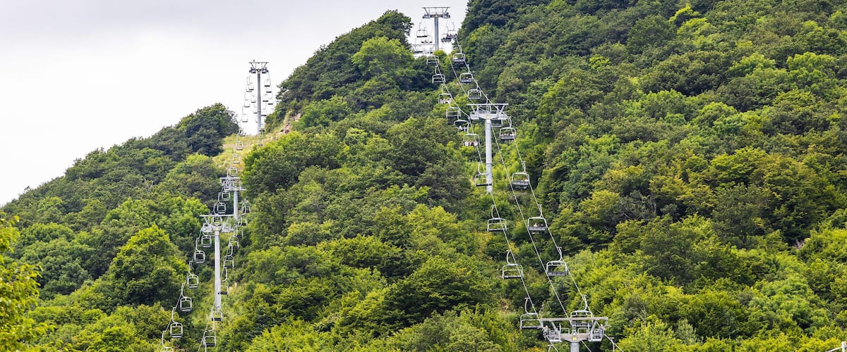 A cable car system on a lush green mountain.