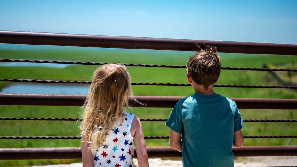 Children looking through a fence at the Feed Yard Scenic Overlook outside of Dodge City, Kansas.