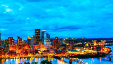 Panoramic aerial overview of Pittsburgh