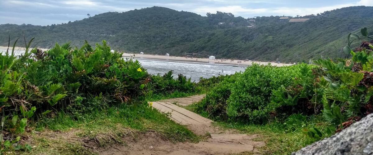 A coastal landscape with a sandy beach, green hills, and a rocky foreground.