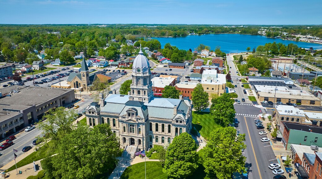 Aerial View of Historic Courthouse and Town by Lake, Warsaw Indiana