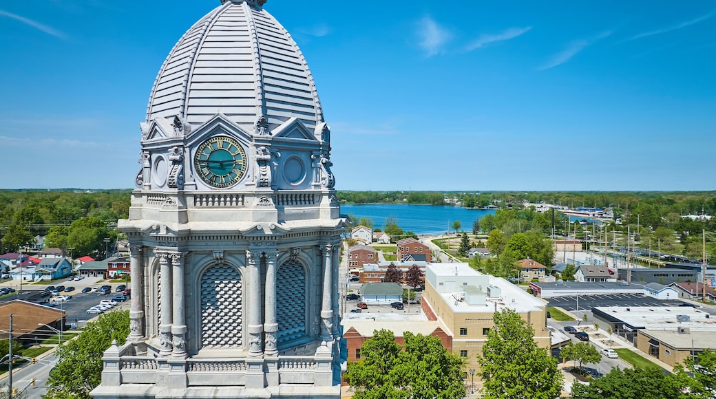Aerial View of Kosciusko County Courthouse Dome and Lake, Warsaw