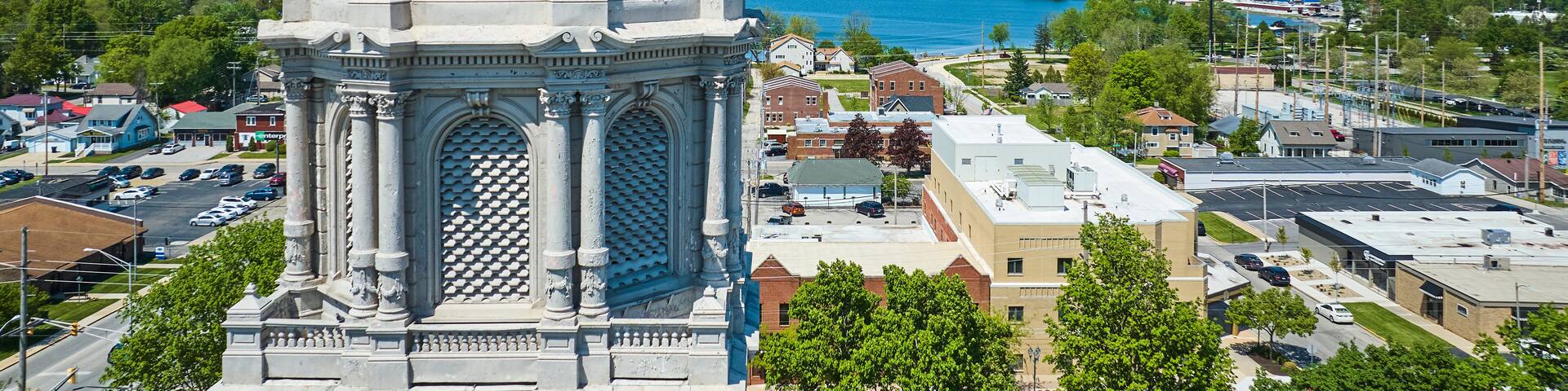 Aerial View of Kosciusko County Courthouse Dome and Lake, Warsaw