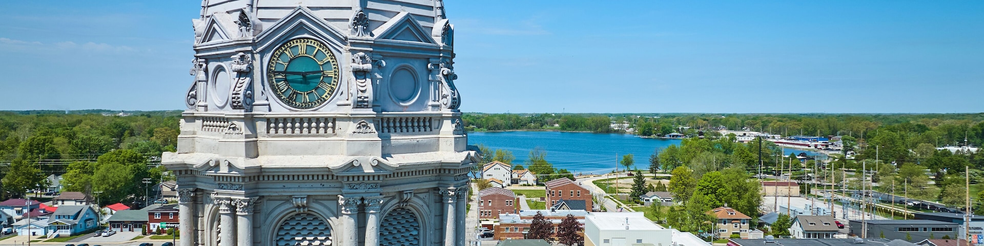 Aerial View of Kosciusko County Courthouse Dome and Lake, Warsaw