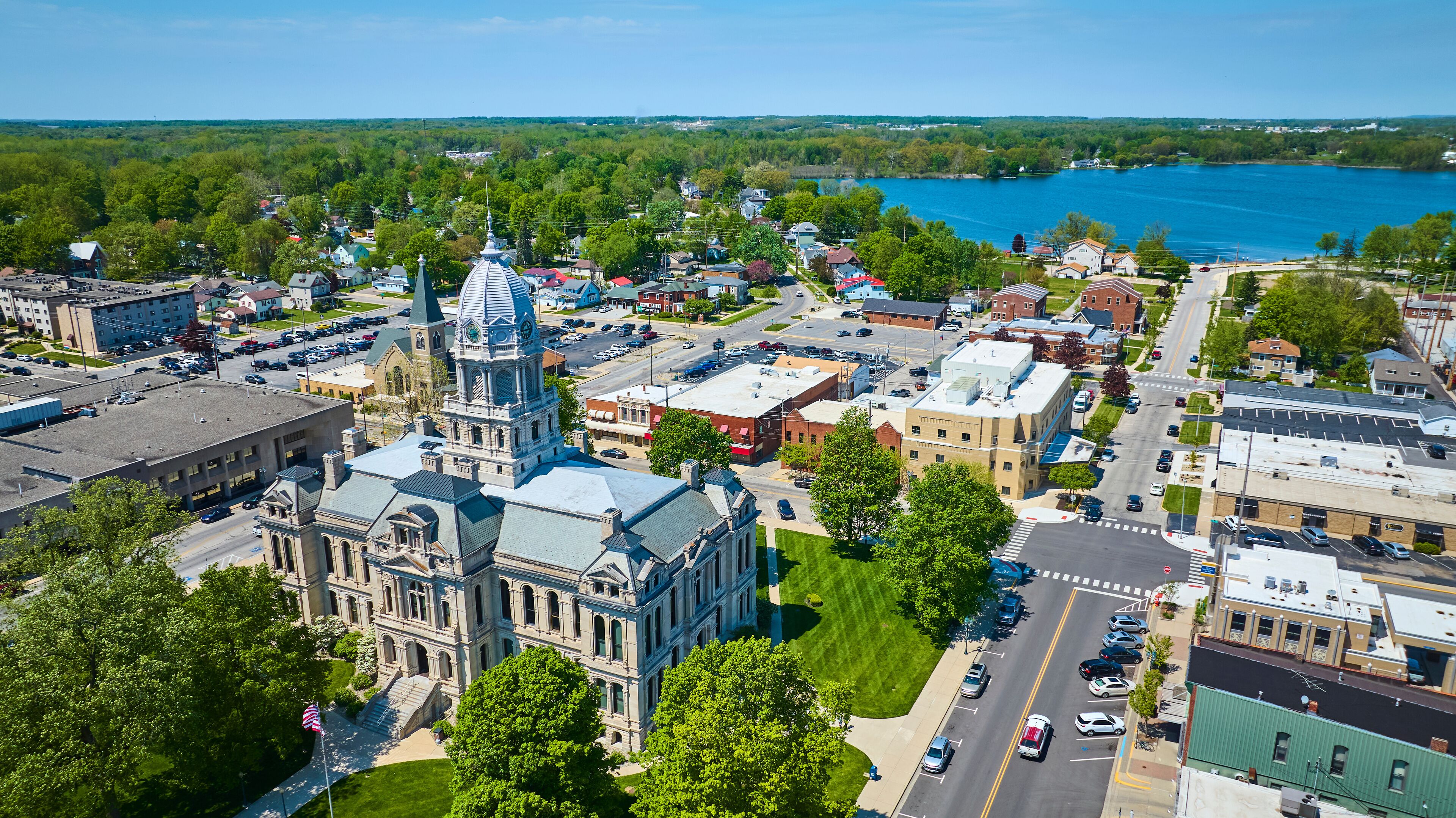 Aerial View of Historic Courthouse and Townscape in Warsaw, Indiana