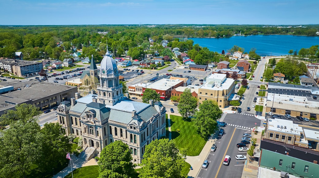Aerial View of Historic Courthouse and Townscape in Warsaw, Indiana