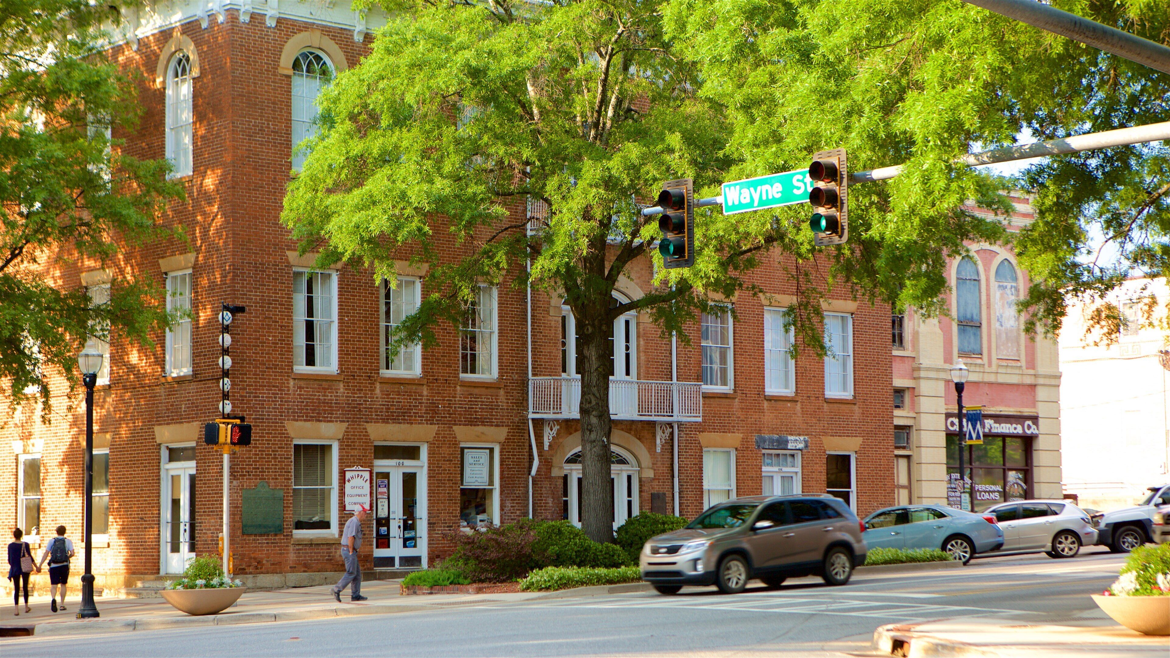A brick building with a sign reading "Wayne St." and a tree in front.
