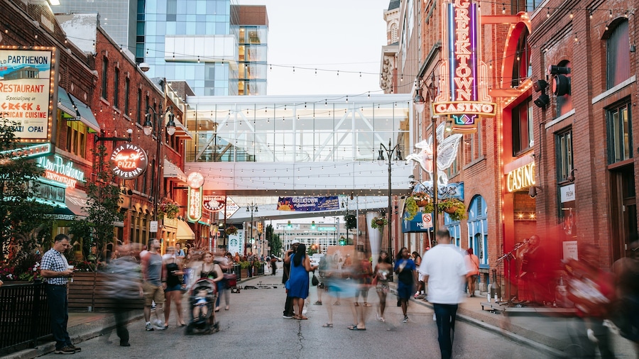Greektown Historic District featuring a city and street scenes