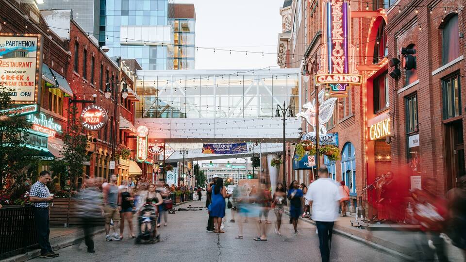Greektown Historic District featuring a city and street scenes