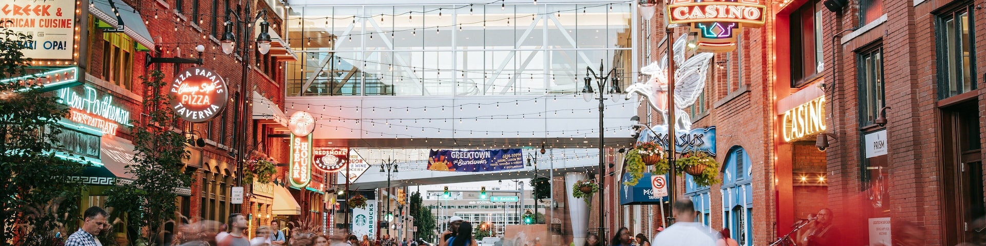 Greektown Historic District featuring a city and street scenes