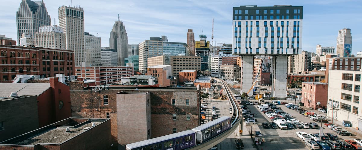 Greektown Historic District showing railway items, a city and landscape views