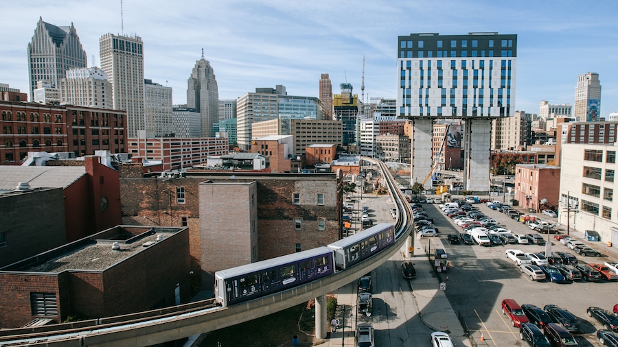 Greektown Historic District showing railway items, a city and landscape views