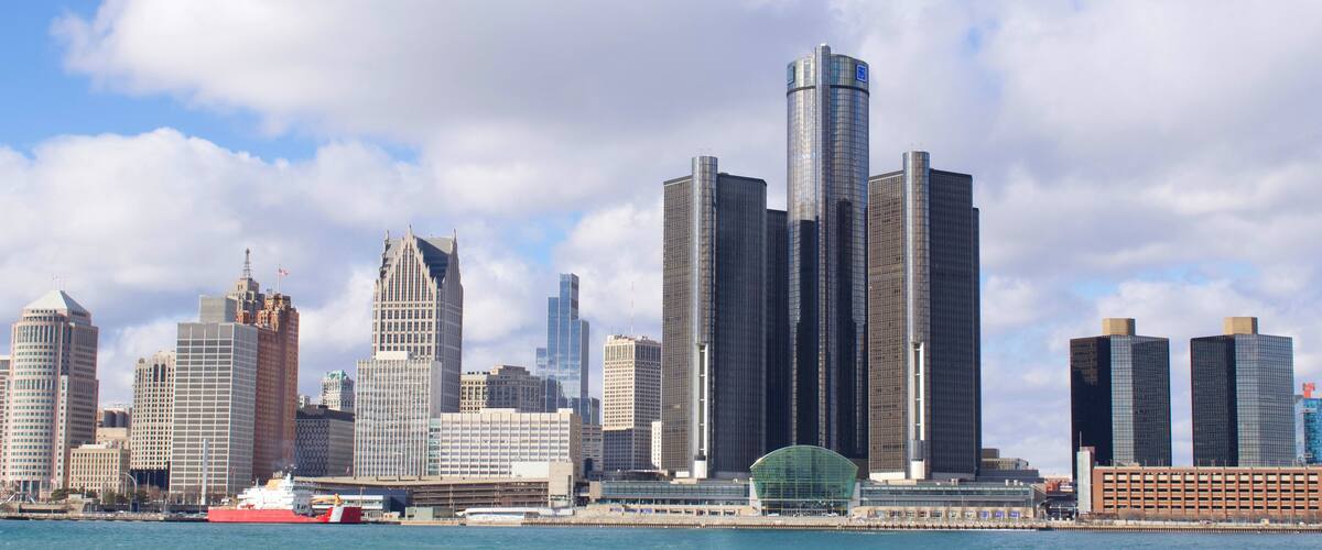 January 29, 2025 Detroit, Michigan, Downtown Skyline from Windsor, Ontario, Canada, taken January 29, 2025, Includes newest build, The Hudson Building.