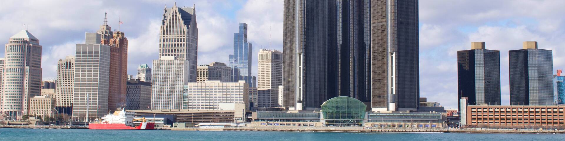 January 29, 2025 Detroit, Michigan, Downtown Skyline from Windsor, Ontario, Canada, taken January 29, 2025, Includes newest build, The Hudson Building.