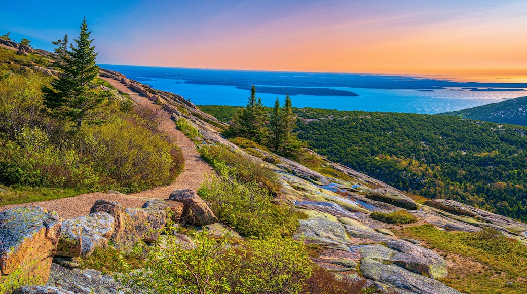 Panorama of the Cadillac Mountain Overlook in Acadia National Park, Bar Harbor, Maine, beautiful expansive vista over glacial rocks at sunrise