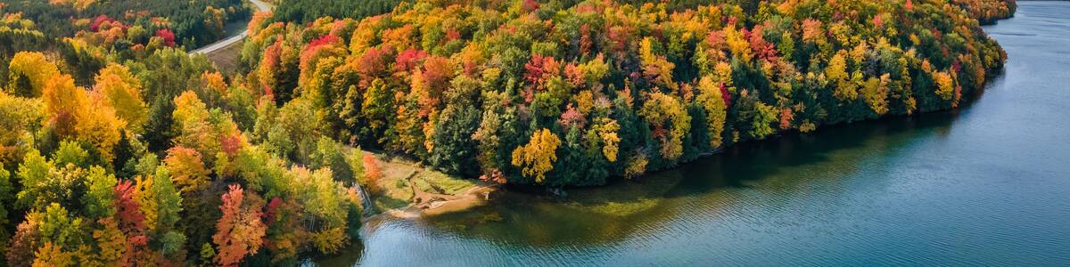 Colorful Autumn scenic drive to Hodenpyl Dam Scenic Turnout - Central Michigan