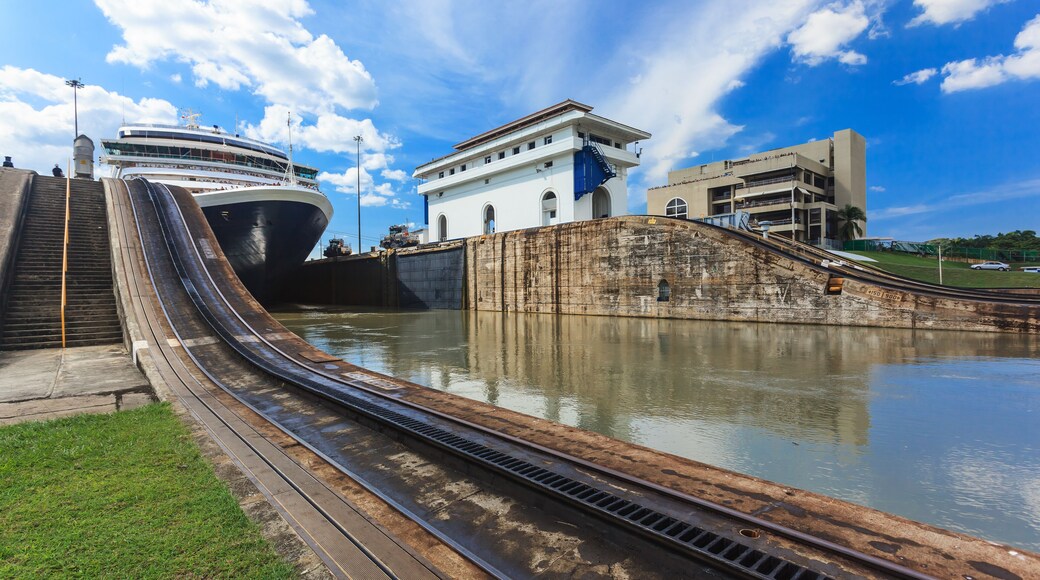Ship exits locks at the Panama Canal towards the Pacific Ocean., Shutterstock ID 240320509, Purchase Order: -