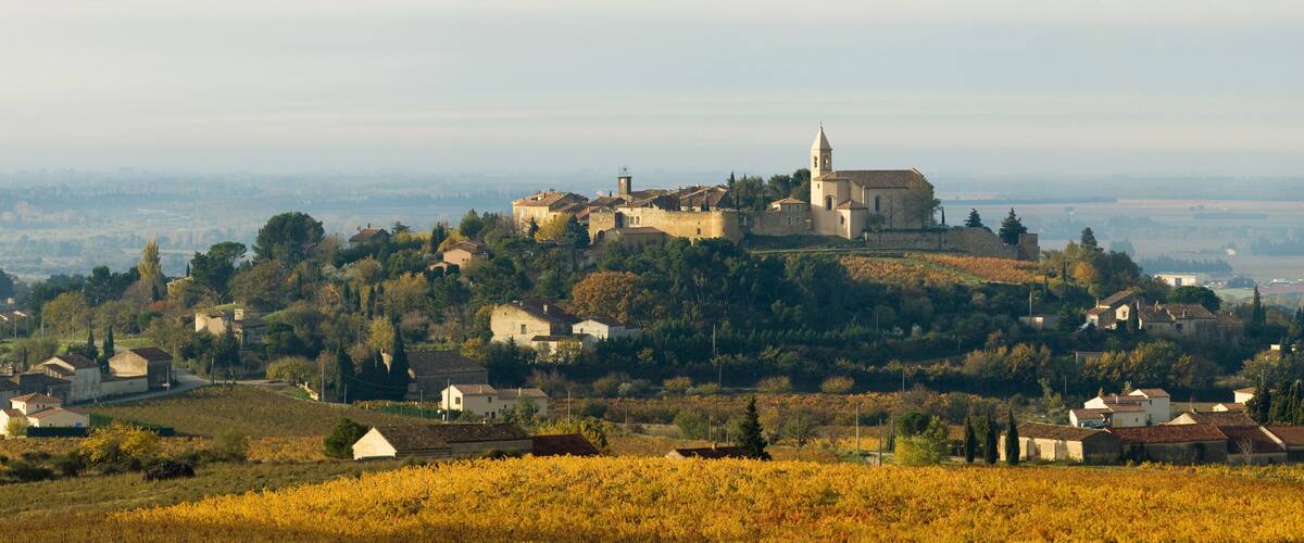 A historic hilltop town with a prominent church and castle on a hill, surrounded by vineyards and scattered houses.