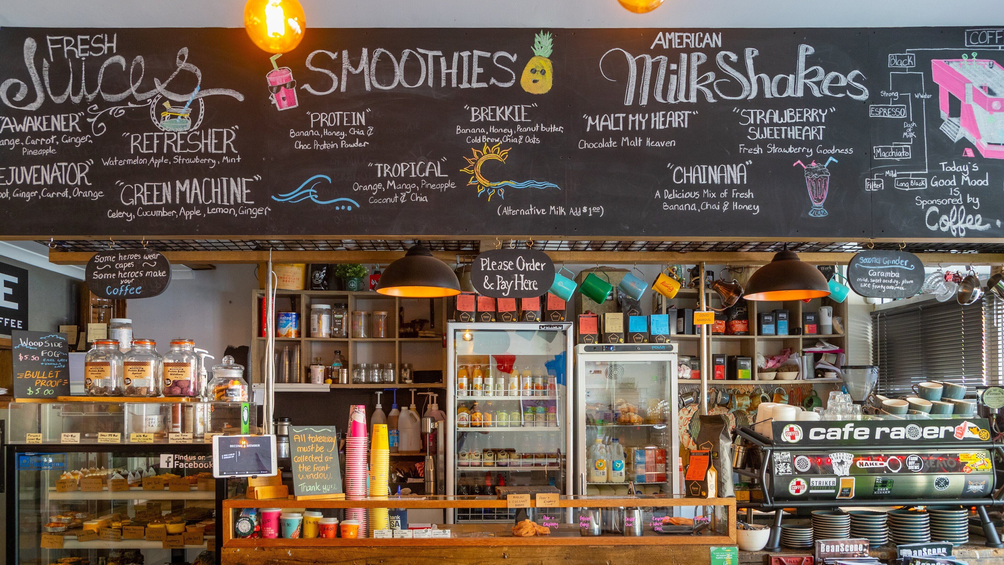 Woodside showing cafe scenes, interior views and signage