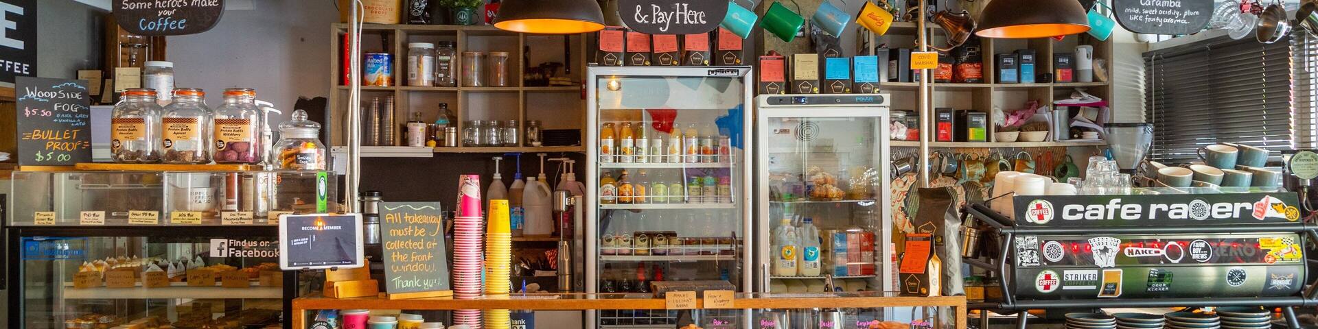 Woodside showing cafe scenes, interior views and signage