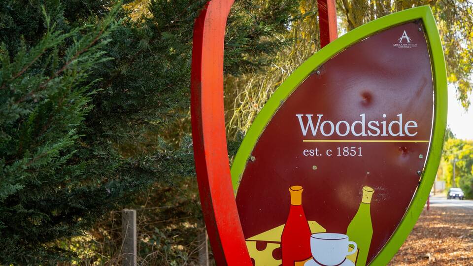 A sign for Adelaide Hills Council, established in 1851, with a logo and a depiction of a wine bottle and cup.