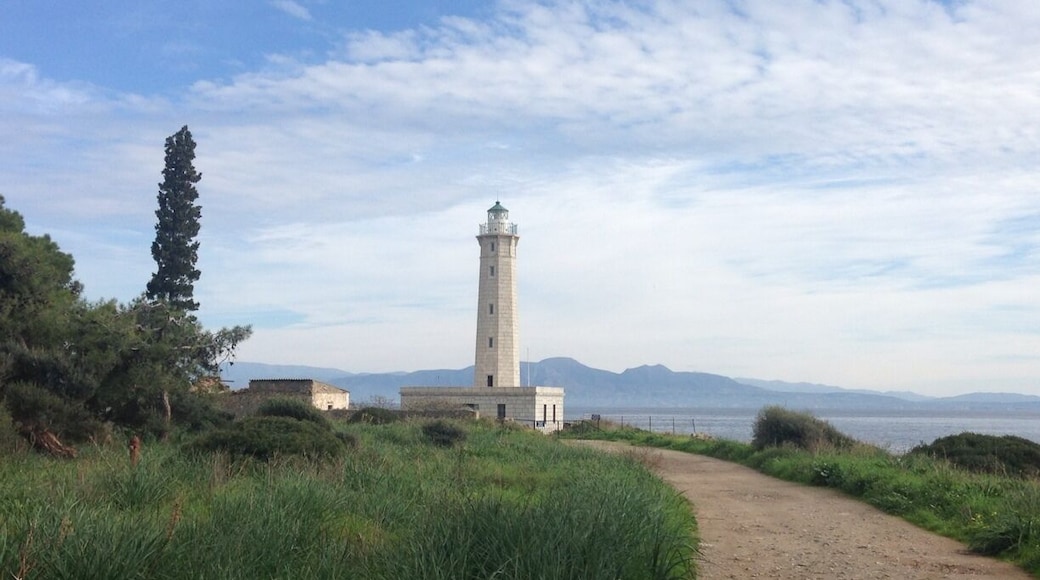 Lighthouse in Githio. A small town with traditional architecture.