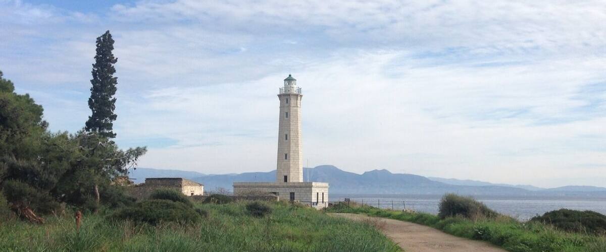 Lighthouse in Githio. A small town with traditional architecture.