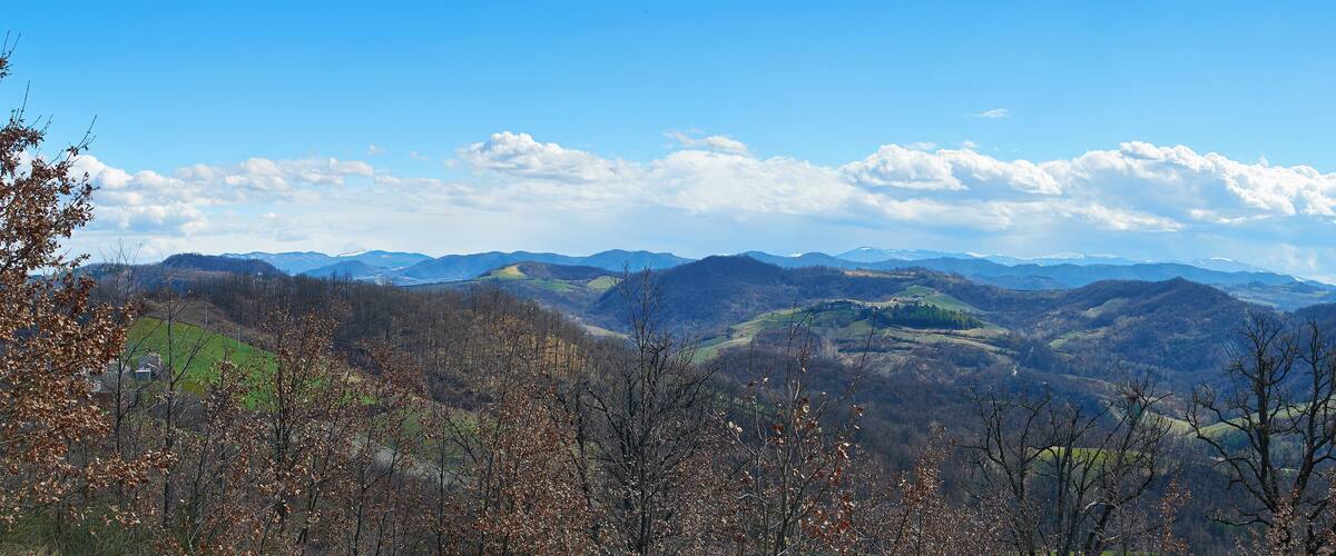 A mountainous landscape with rolling hills and scattered trees.