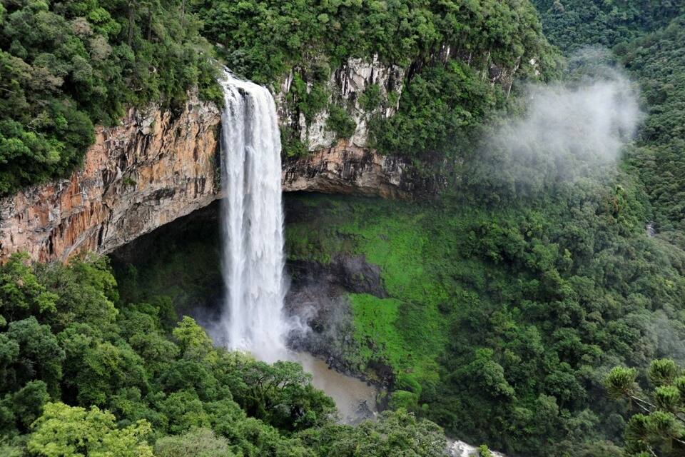 A waterfall cascading down a cliff surrounded by dense green forest.