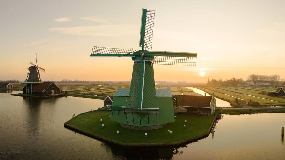 Rural landscape with windmill in Zaanse Schans. Holland, Netherlands.