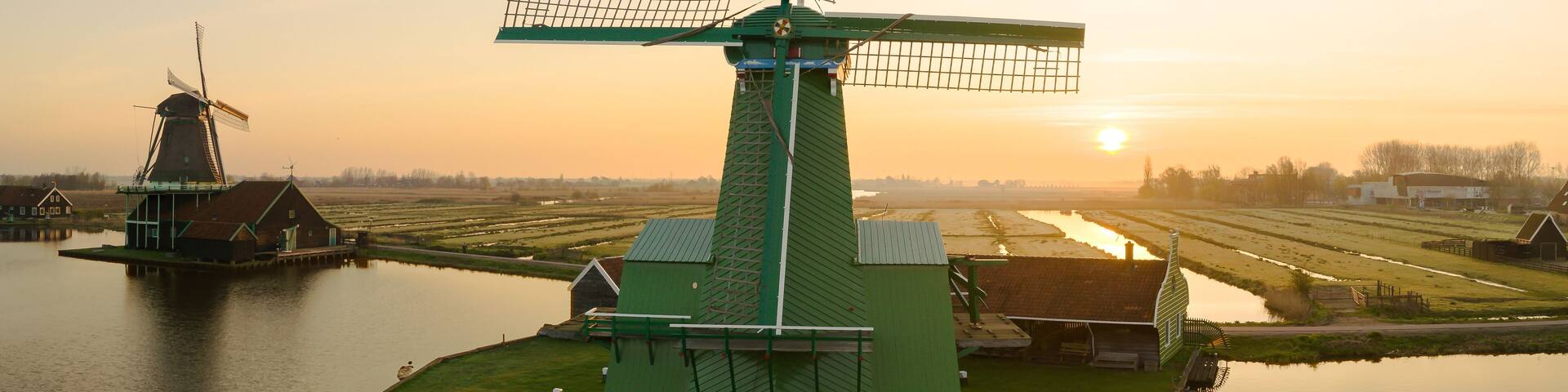 Rural landscape with windmill in Zaanse Schans. Holland, Netherlands.