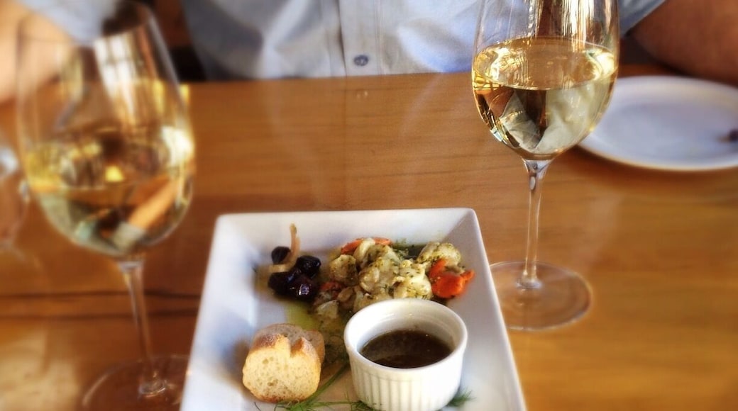 Lunch entrée at Gibston Valley Winery. Scallop ceviche with La Dulcinee Pinot Gris. The mains and desserts are equally delicious!