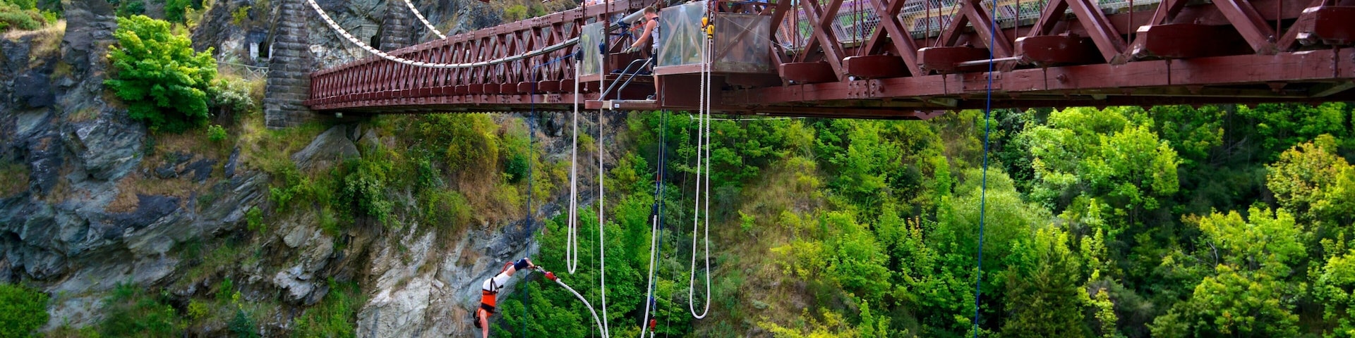 Kawarau Suspension Bridge que incluye bungee jumping y un puente colgante o una pasarela