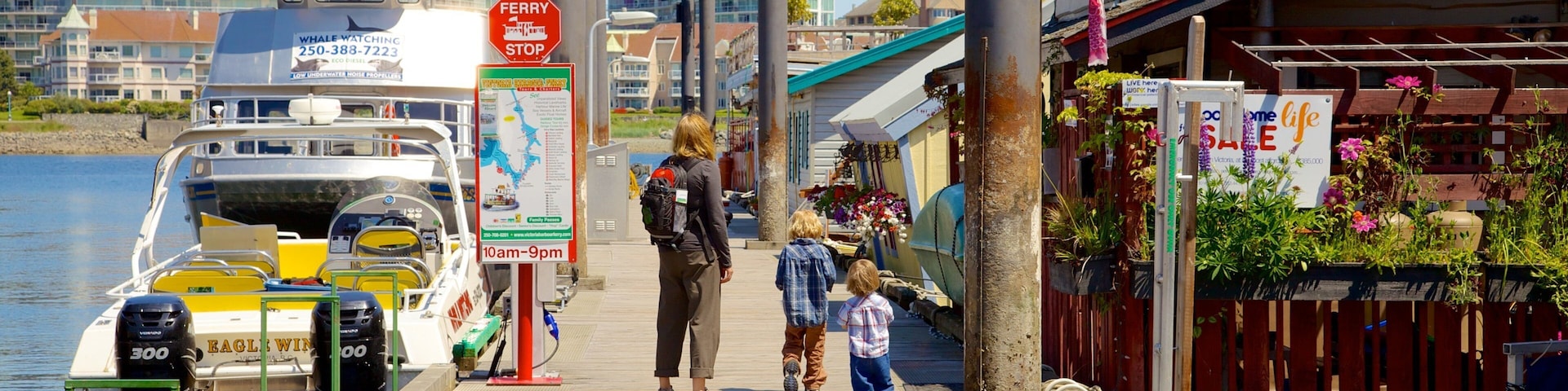 Victoria Fisherman\'s Wharf which includes a bay or harbor and a coastal town as well as a family