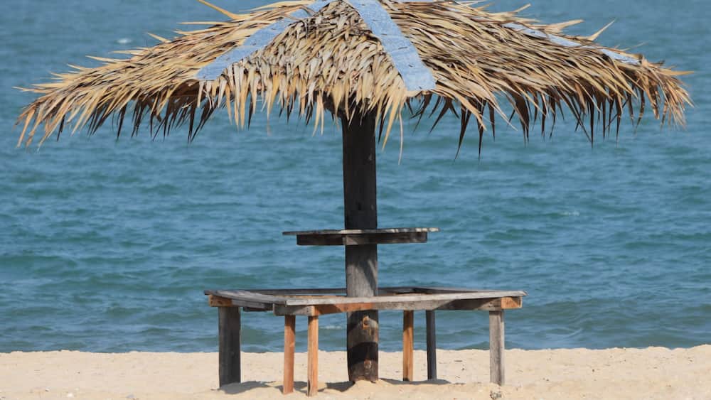 A beach umbrella with a thatched roof and a wooden bench.