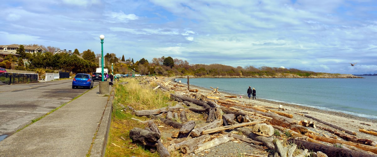 A coastal road with a blue car, a pedestrian path, and a beach with driftwood.