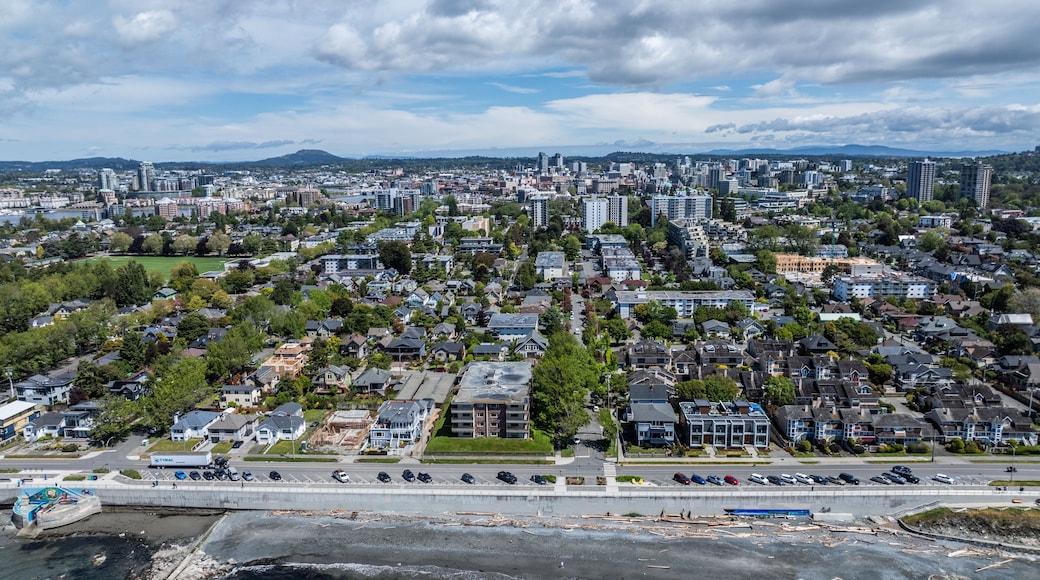 aerial cityscape view of Victoria, the capital of British Columbia, from Dallas Rd at Salish Sea, across James Bay district in front, Downtown, Burnside and Victoria West in background