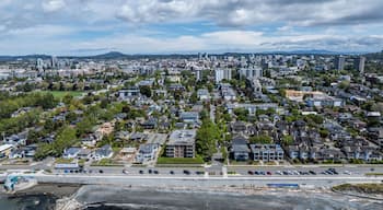 aerial cityscape view of Victoria, the capital of British Columbia, from Dallas Rd at Salish Sea, across James Bay district in front, Downtown, Burnside and Victoria West in background