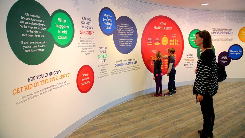 A museum exhibit with educational panels about coins.