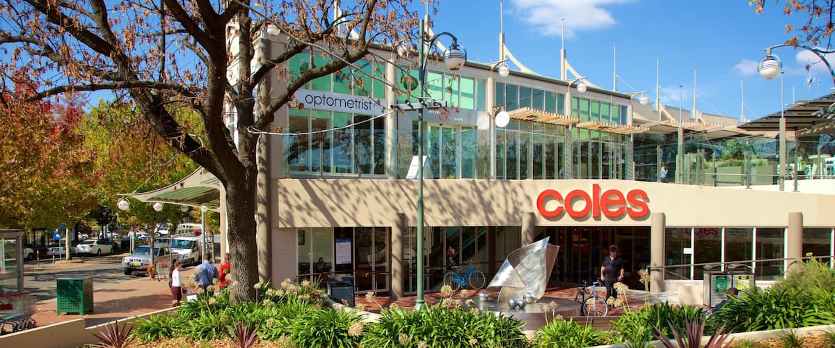 Manuka Shopping Centre which includes autumn leaves and signage