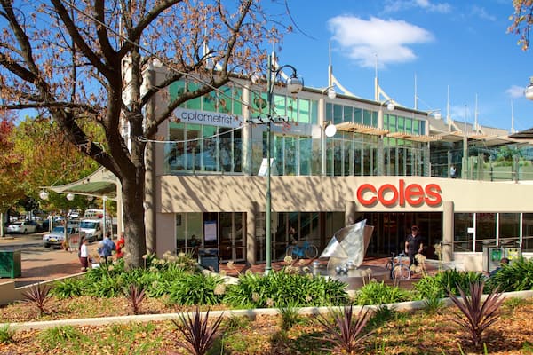 Manuka Shopping Centre which includes autumn leaves and signage