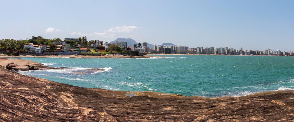view of the sea from the beach panoramic of Praia do Morro Guarapari metropolitan region of Vitória, Espirito Santo, Brazil