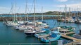 A marina with various sailboats docked, a rocky breakwater, and a distant mountain range.