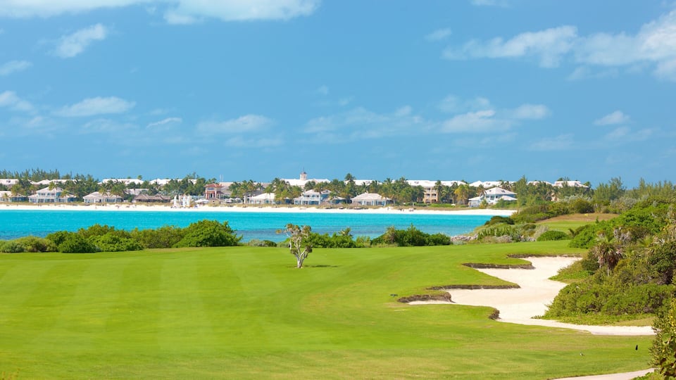 A golf course with a view of a beach and ocean in the background.