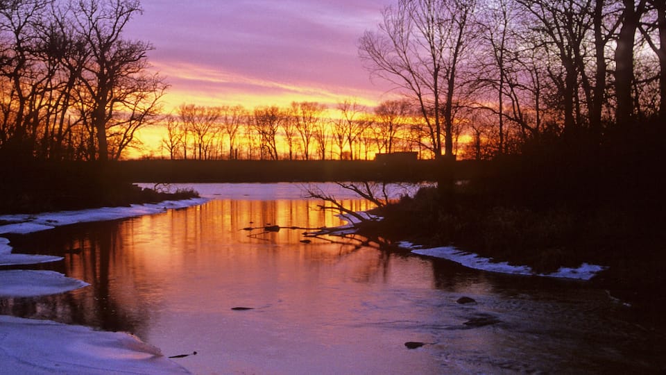 A frozen river with trees and a sunset sky.