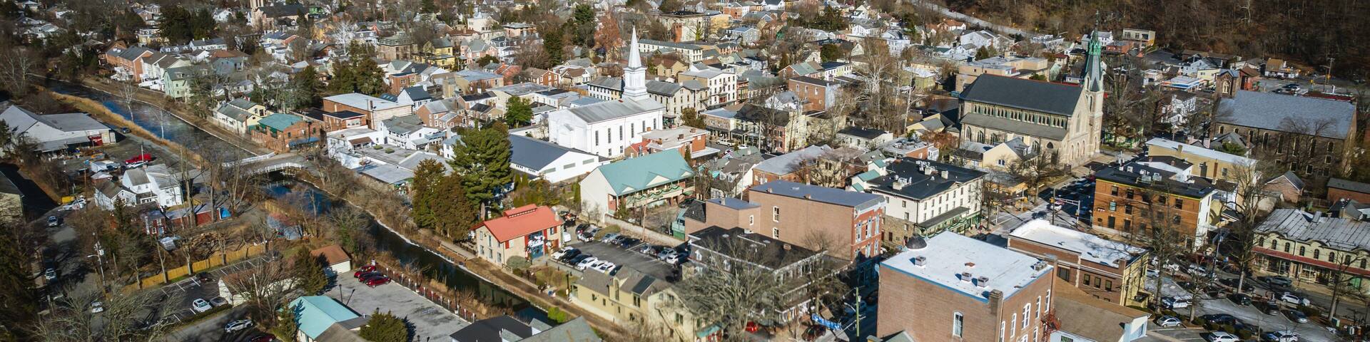 Aerial Drone of Lambertville New Hope in the Winter
