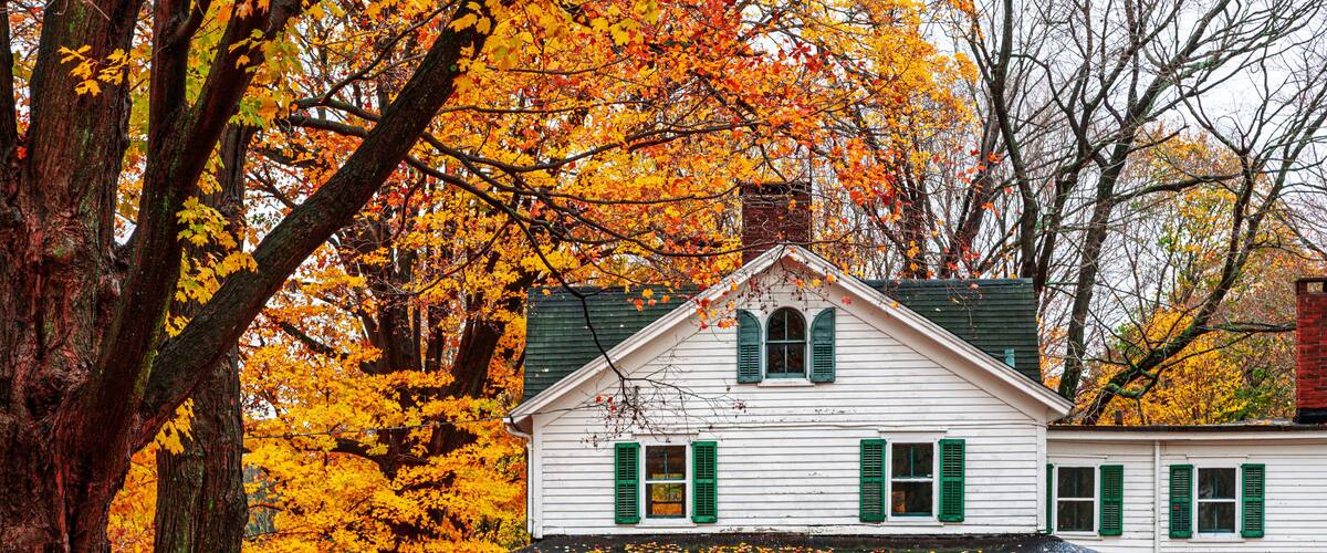 A white house with green shutters and a porch surrounded by autumn trees.