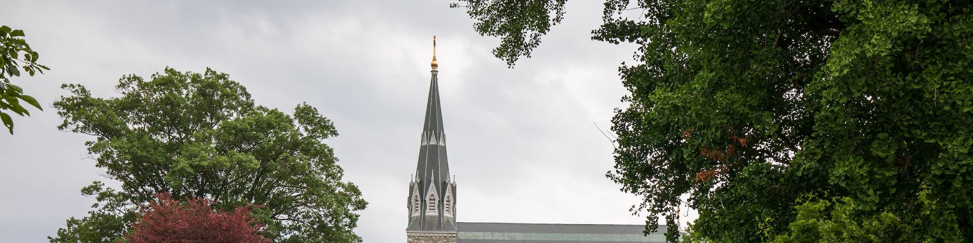 A cemetery with neatly trimmed hedges and a church with a tall steeple in the background.