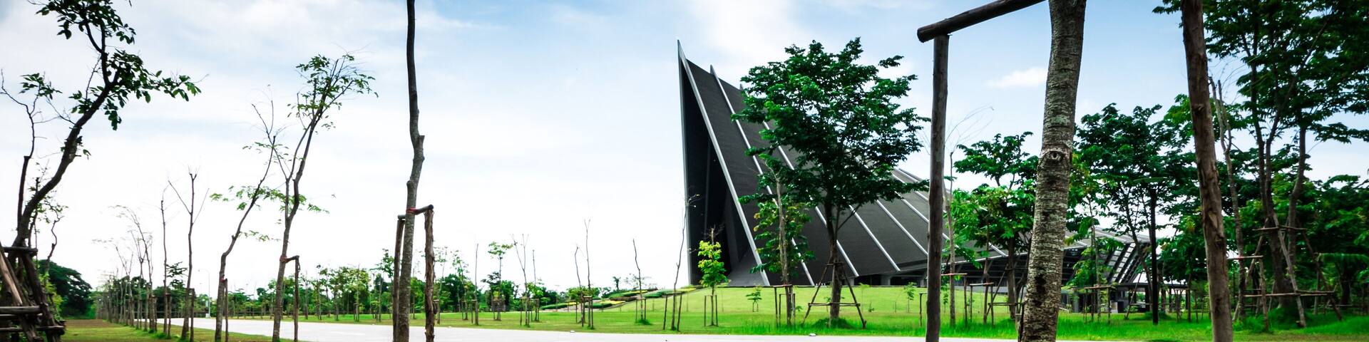 Focus mushroom and Prince Mahidol Hall Background .The grand hall as the proper venue for the graduation ceremon and It is also a concert hall of Mahidol university in Nakornpathom, Thailand