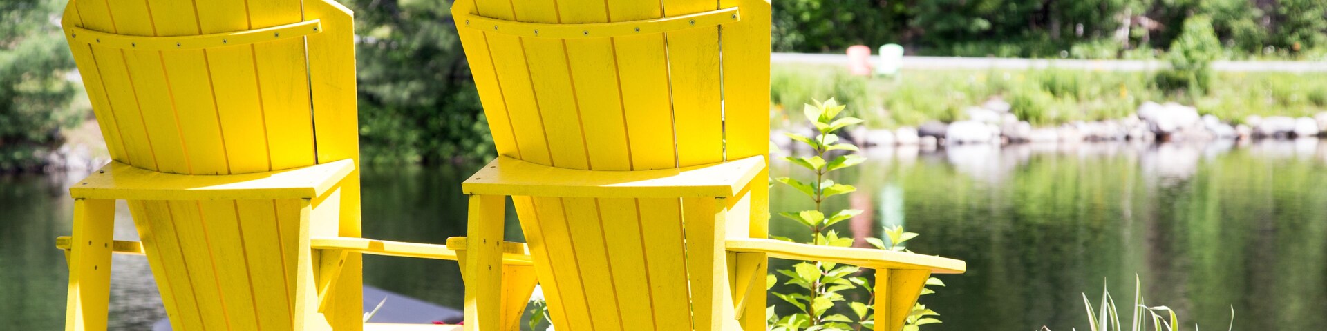 Two yellow Adirondack chairs facing a pond with greenery and flowers in the foreground.